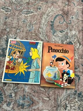 Vintage Pinocchio Frame Tray Puzzle and Book Bundle Disney Playskool